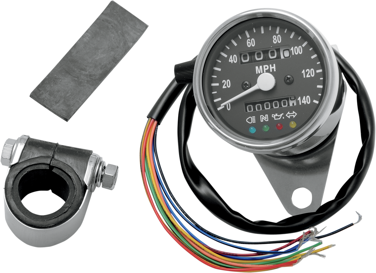 MPH Mini Mechanical Speedometer with LED Indicators - Black Face - 2:1 Ratio - 2.4"