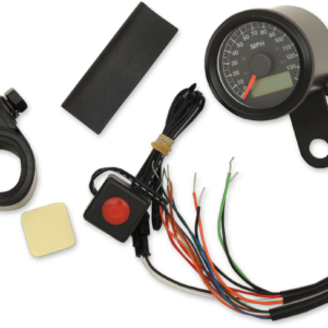Programmable Speedometer with Indicator Lights - Gloss Black - 140 MPH LED Black Face - 1-7/8"
