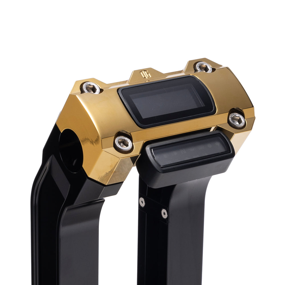 OG Black 2 inch Straight Risers with Gold Plating Digital Gauge Cut Out Top Clamp