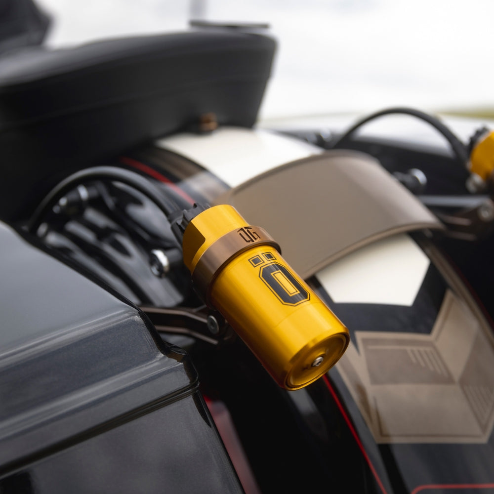 OG 2009-Up Touring Remote Reservoir Mounts installed on a 2024 Road Glide FLTR with Ohlins Suspension