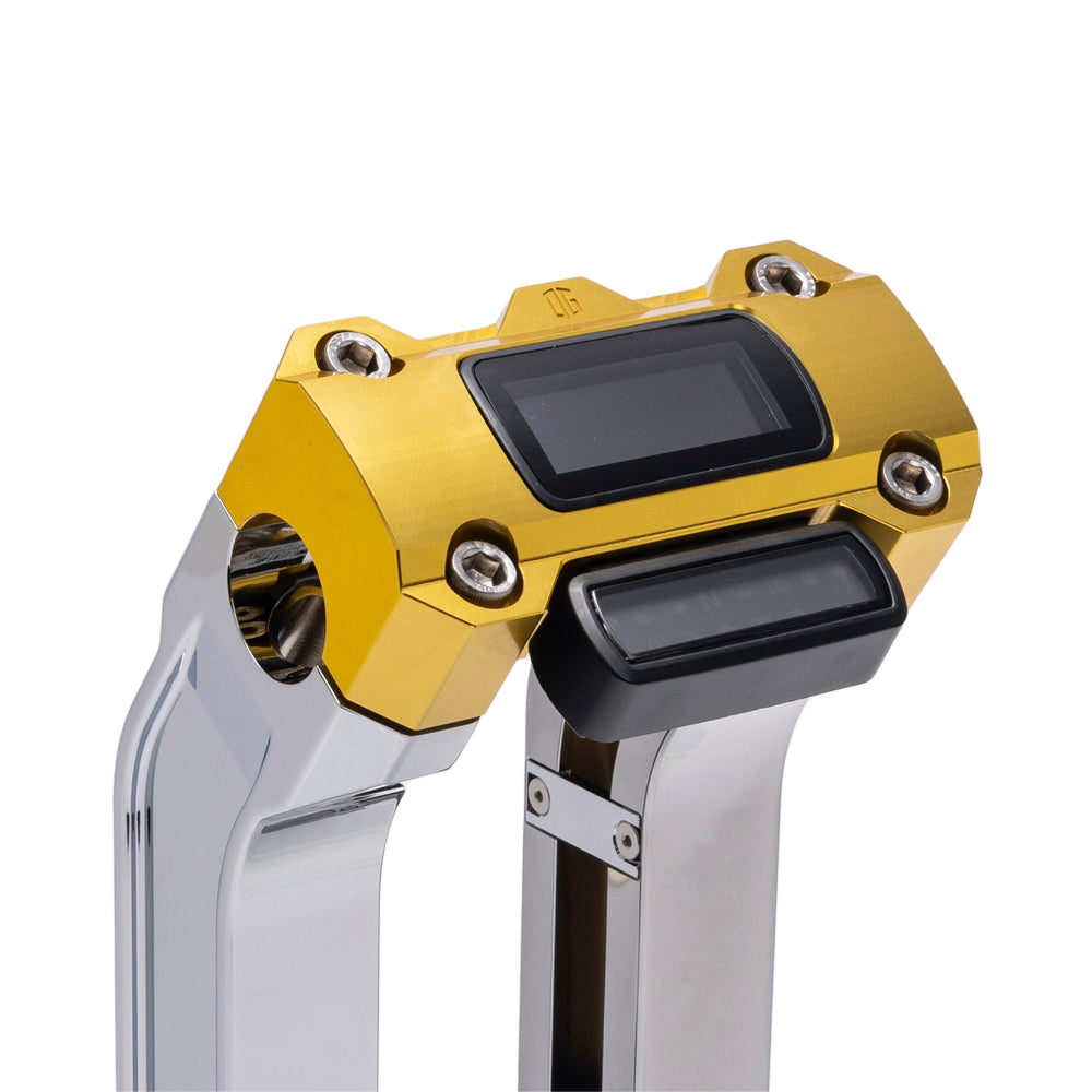 OG Chrome 6.5 inch Straight Risers with Gold Digital Gauge Cut Out Top Clamp